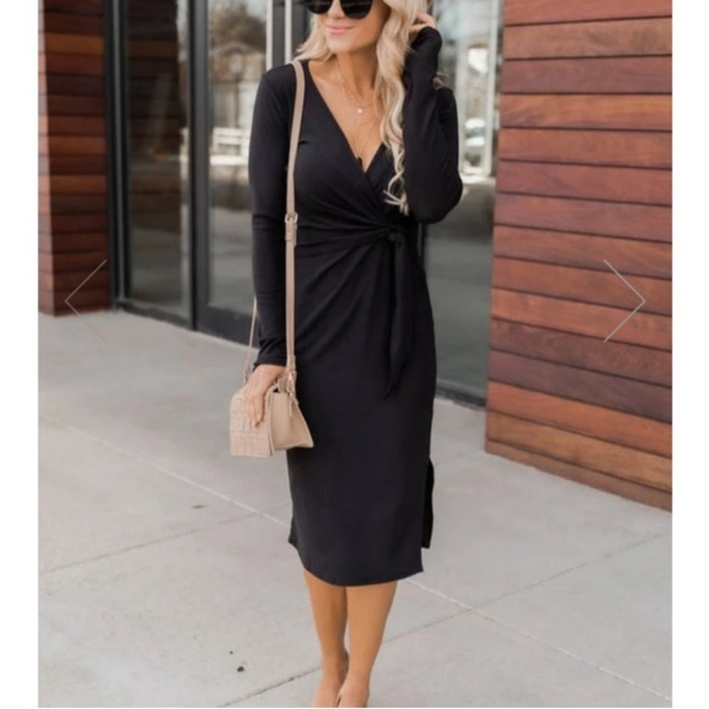 Pink Lily Black Long Sleeve Midi Wrap Dress
